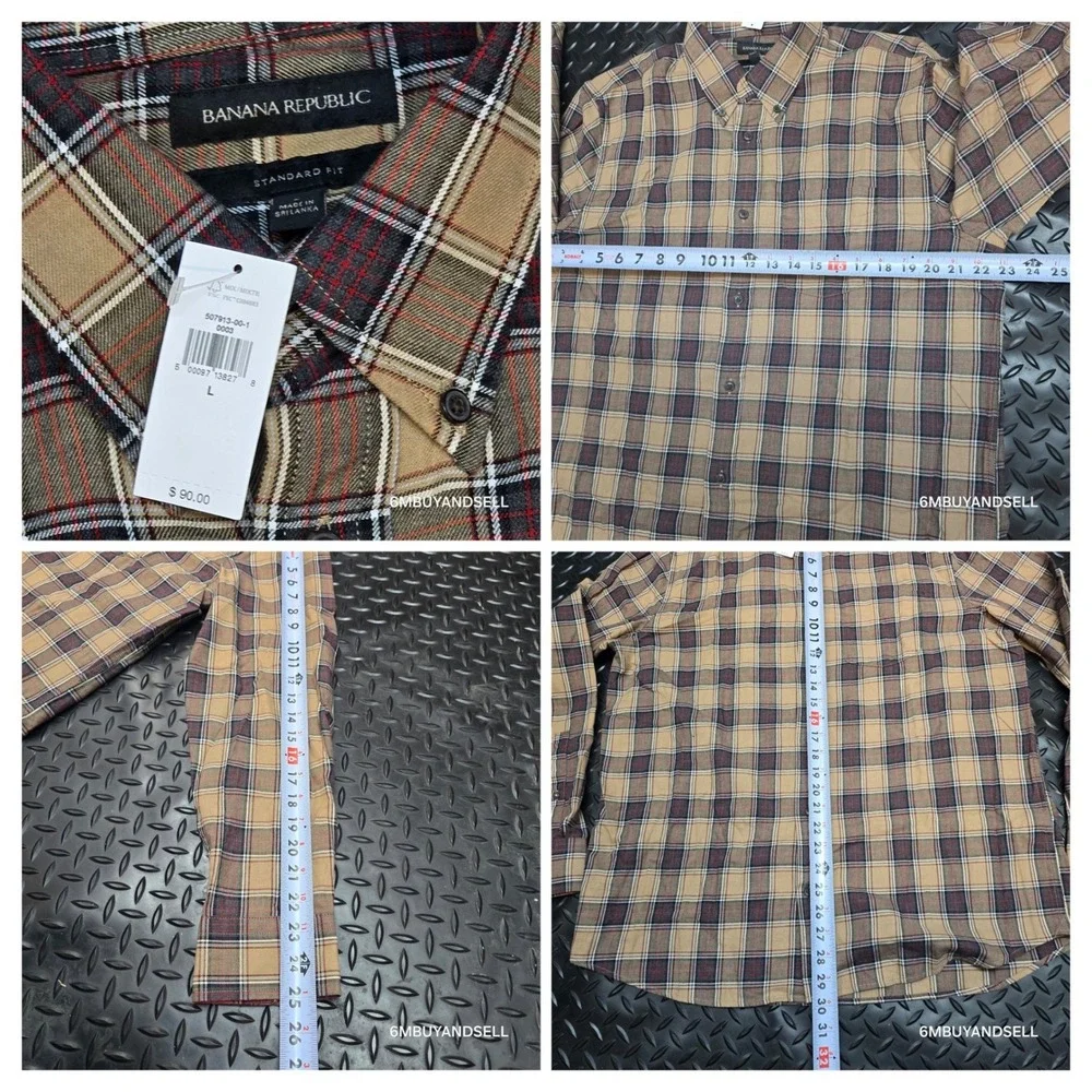 Banana Republic Mens L Plaid Flannel‎ Shirt Tan Brown Red NWT Cotton